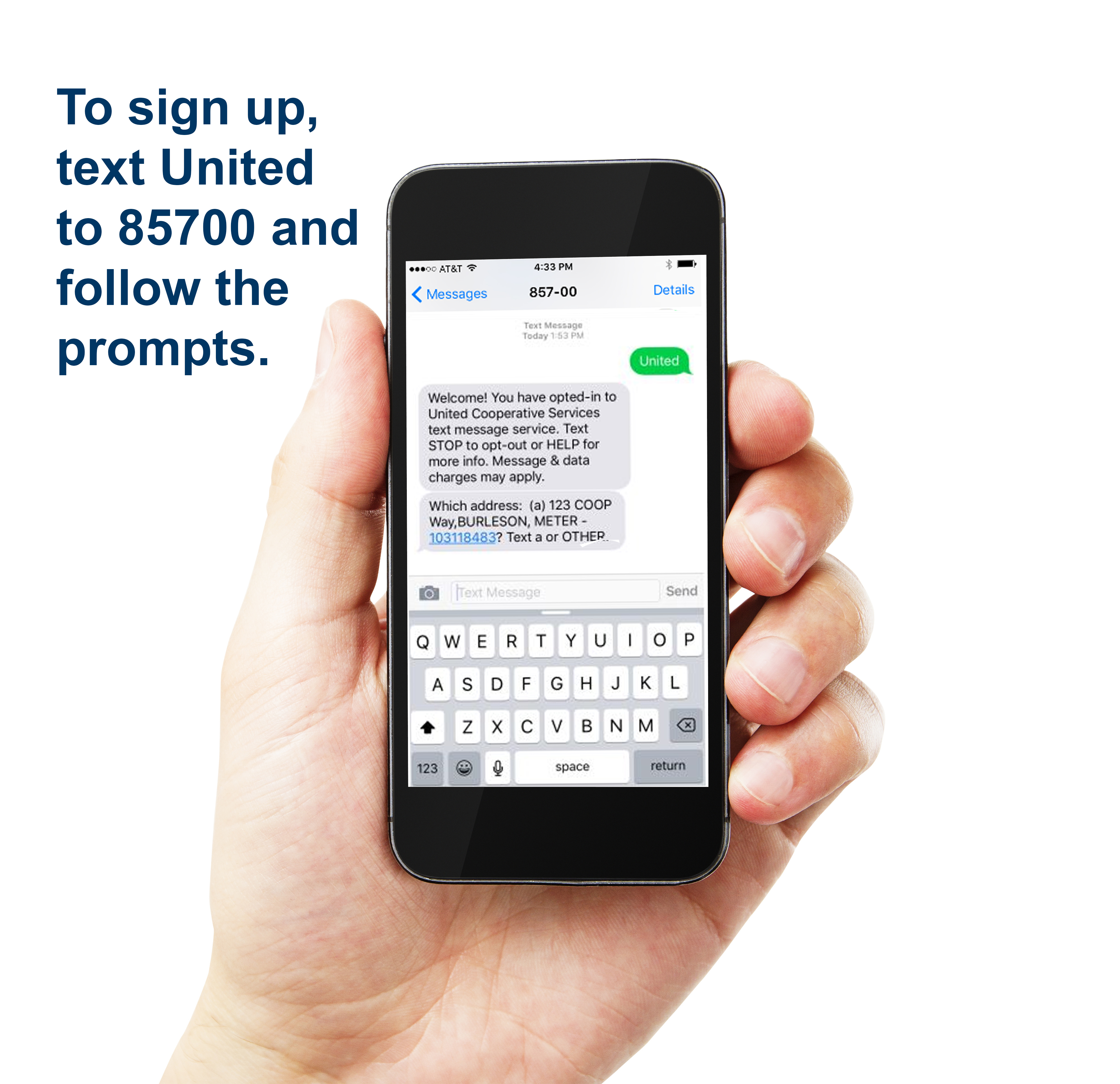 Cell phone to sigh up text United to 85700 and follow the prompts.