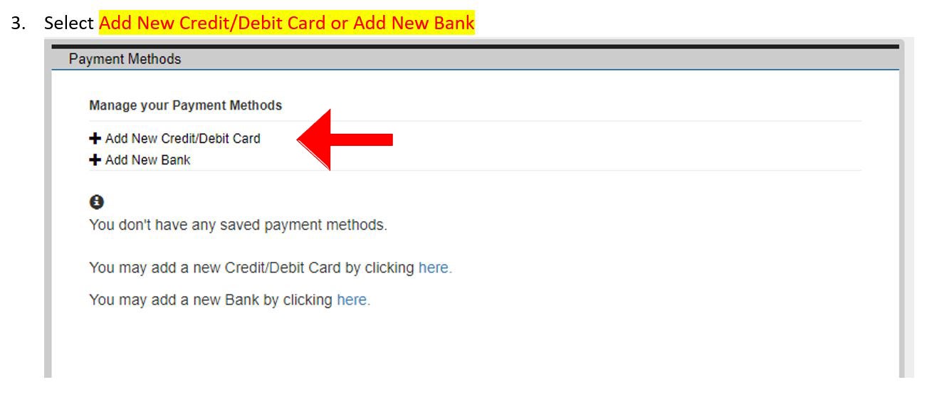 3. Select Add New Credit/Debit Card or Add New Bank