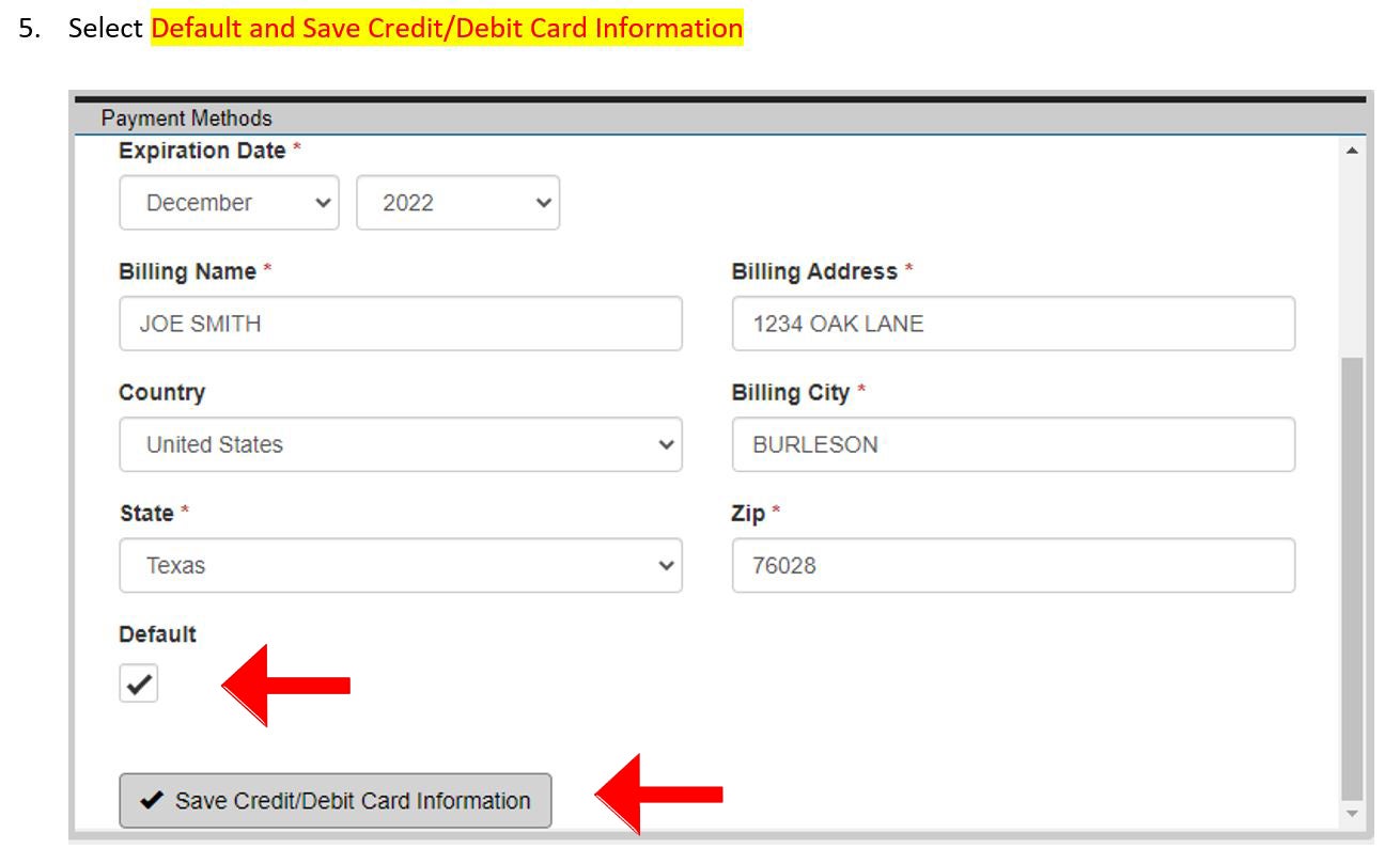 5. Select Default and Save Credit/Debit Card Information